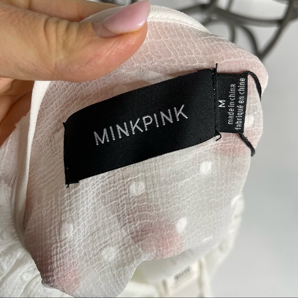 MINKPINK Sheer Dot White V-Neck Tassel Juliette Smocked Blouse Size Medium - Picture 12 of 13